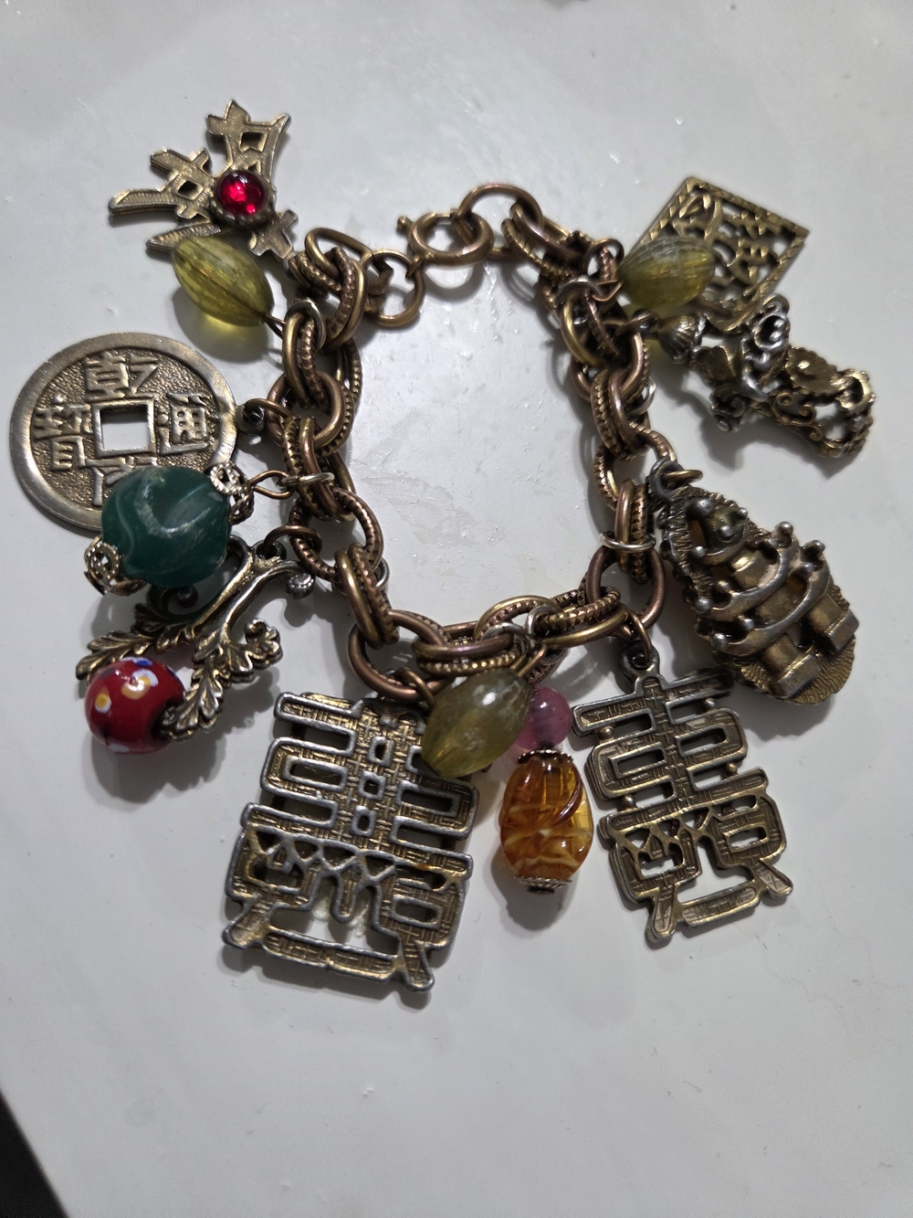 Vintage Chunky Loaded Colorful Asian Coin Characters Lucky Charm 7” Bracelet